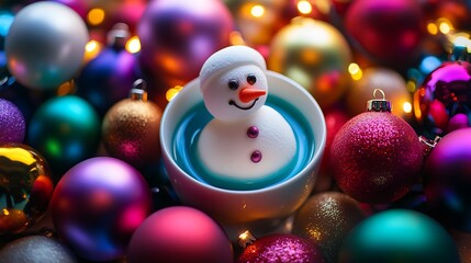 Melting snowman marshmallow in hot chocolate surrounded by colorful holiday ornaments