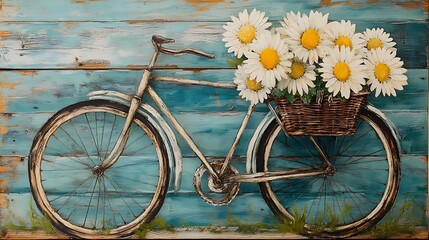 A Vintage Bicycle with a Basket of Oversized Flowers, Leaning Against a Wooden Fence, Surrounded by a Peaceful Garden, Bathed in Soft Morning Light, Evoking a Nostalgic and Whimsical Atmosphere with R