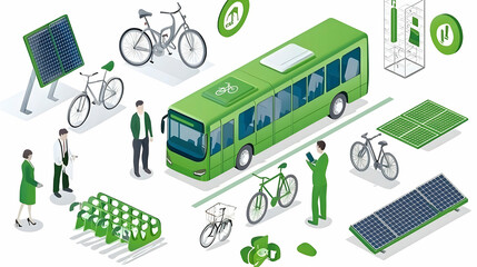 Green transportation elements including buses, bicycles, and solar panels promoting sustainability.
