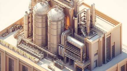 A detailed industrial facility featuring silos, pipes, and machinery for processing.