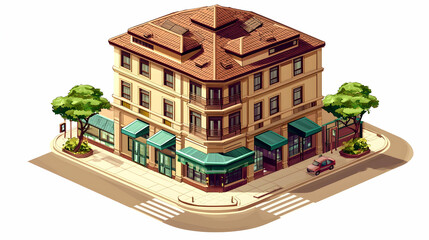 A detailed illustration of a corner building with shops and greenery.