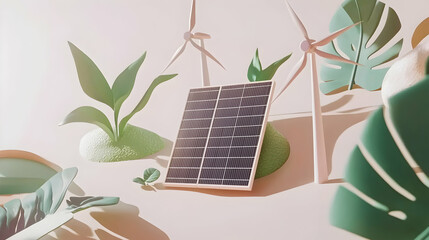 A stylized scene featuring solar panels and wind turbines amidst lush greenery.