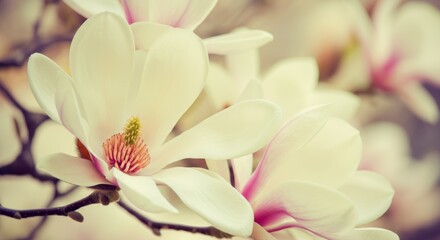 Fototapeta premium Blooming magnolia flowers in soft focus for elegant floral design and decoration