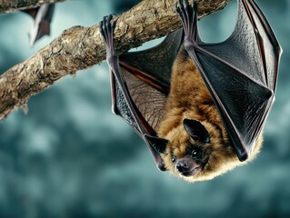 Close-up view of a bat hanging upside down from a tree branch in a moonlit forest