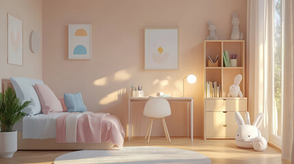 3d illustration of kids room design with desk, bookcase, bed, chest of drawers, beige light pink pastel colors
