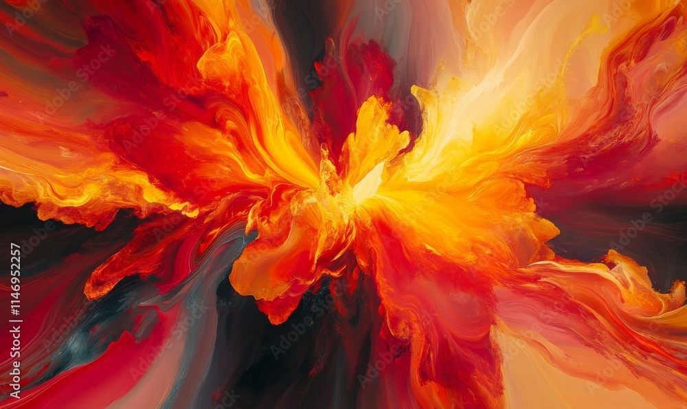 Poster dynamic flame waves exploding outward, vivid reds and yellows engulfing the scene, creating an abstr