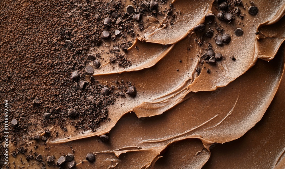 Poster lush textures of chocolate paste blending into abstract shapes, with fine cocoa dust and glimmering 