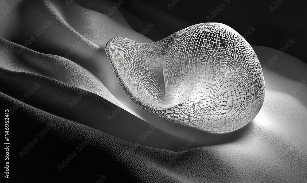 Poster single dewdrop on a smooth leaf, reflecting a delicate web of light and shadow in monochrome eleganc