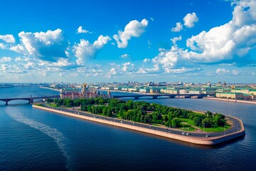 Fototapeta premium Vibrant summer day over an island park in the Neva River, Saint Petersburg offering stunning views