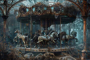 Haunted Vintage Carousel with Detailed Horses in a Foggy Abandoned Amusement Park