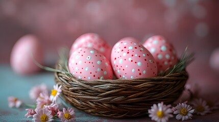 Hand-painted eggs in pastel colors in a woven basket.