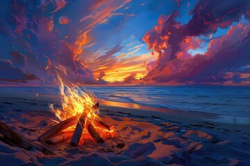 Warm glow of a beach bonfire at sunset with colorful skies and gentle ocean waves