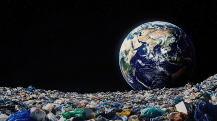 Trash-themed Planet Earth against a black void, illustrating the pressing issue of environmental damage and global waste.