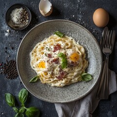 Pasta Carbonara - Italian pasta dish, traditionally done with only 4 ingredients - parmesan cheese, guanciale or pancetta, eggs and black pepper. 