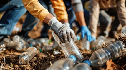 Close up people's hands collecting plastic wastes express and emphasize the important of recycling trash. Palm hand collect garbage to clean environment and saving ecology. Save earth concept. AIG53.