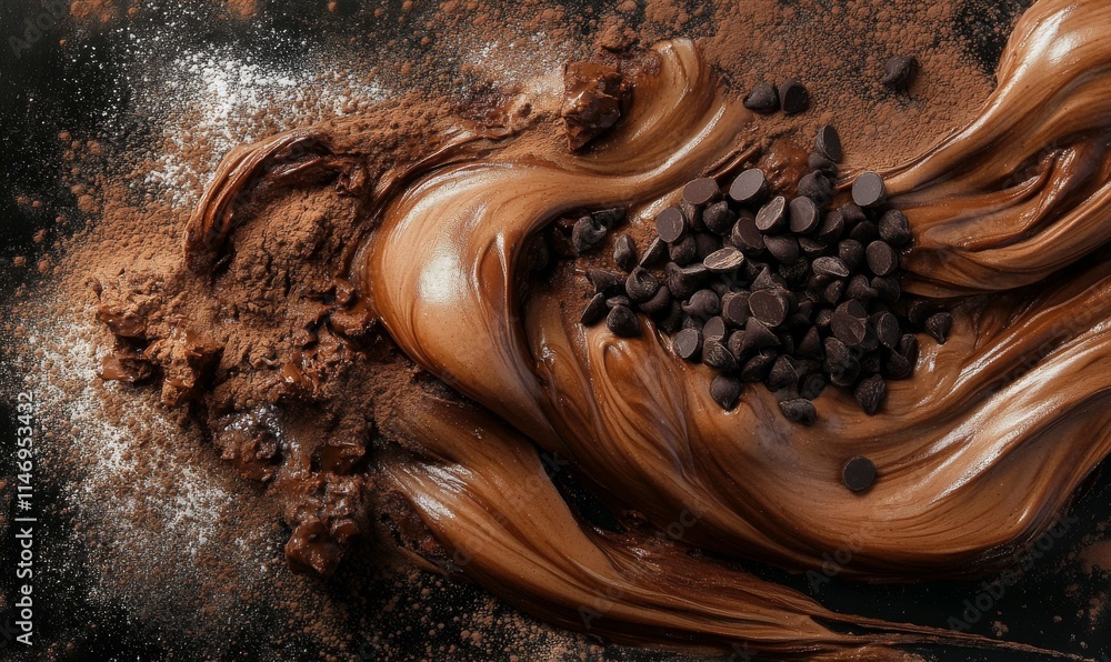 Poster elegantly smeared chocolate paste intertwined with powdered cocoa and crisp chocolate chips, arrange