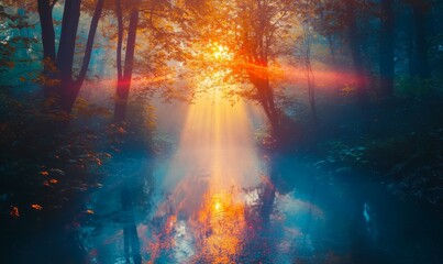 Radiating beams of light creating an abstract tapestry of colors, weaving through misty voids, vibrant luminescence casting surreal reflections, .