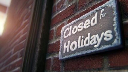 closed for holidays concept. Closed sign on brick wall, indicating holiday hours.
