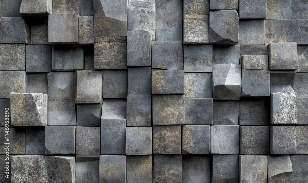 Poster rectangular, 3d mosaic tiles arranged in the shape of a wall. semigloss, futuristic, blocks stacked 