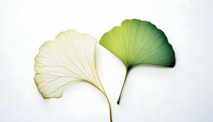 Ginkgo leaves white transparent and green on pure white background