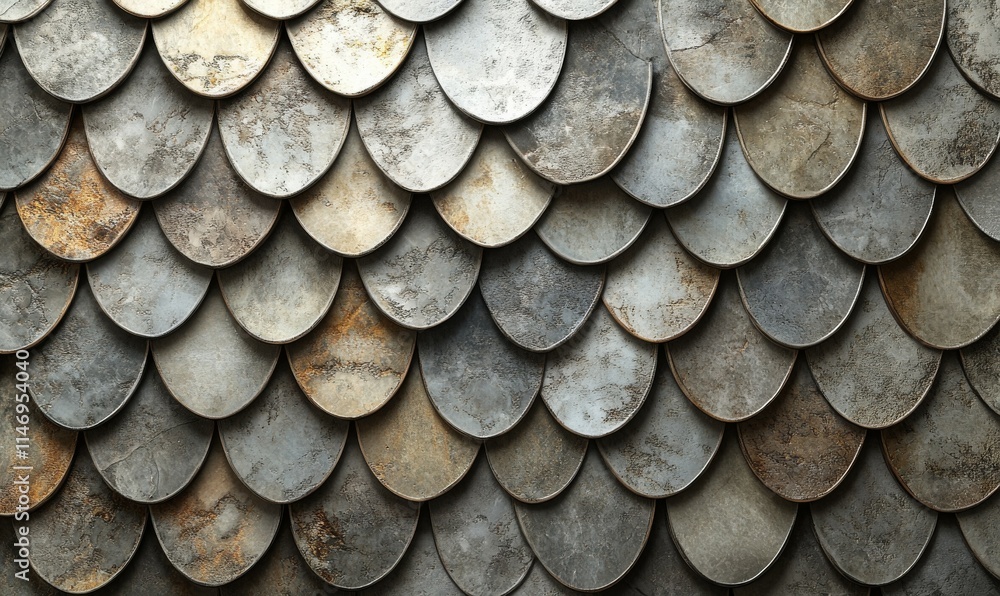 Poster fish scale tiles arranged to create a natural stone wall. 3d, textured background formed from polish