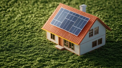 Miniature house with solar panels on grassy surface.