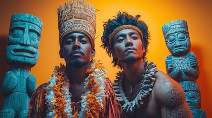 Obraz premium Cultural celebration with hawaiian attire and tiki statues