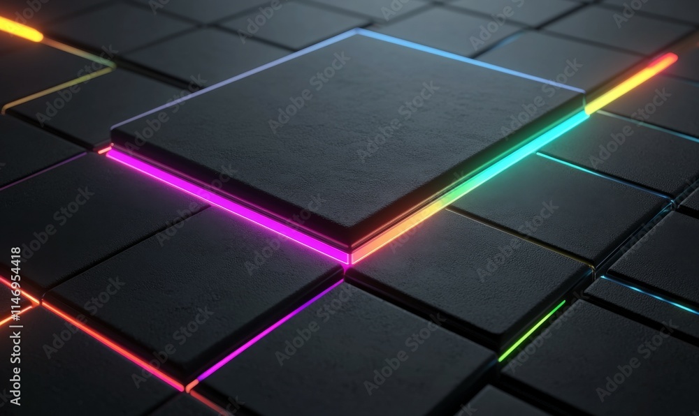 Poster minimalist tech background with extruded square and rainbow illuminated edge. black surface with emb