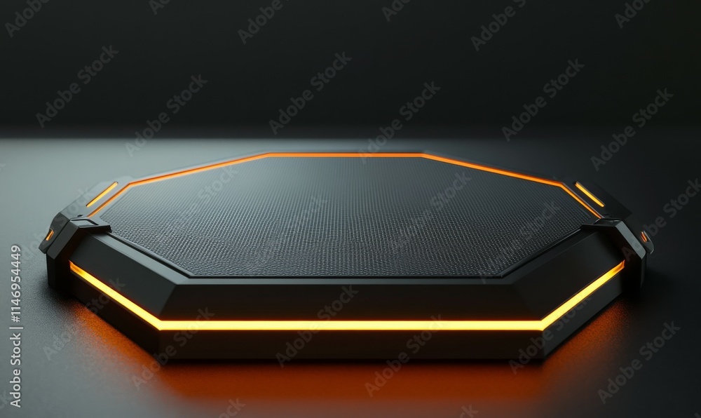 Aufkleber minimalist tech background with raised hexagon and orange illuminated trim. black surface with embos