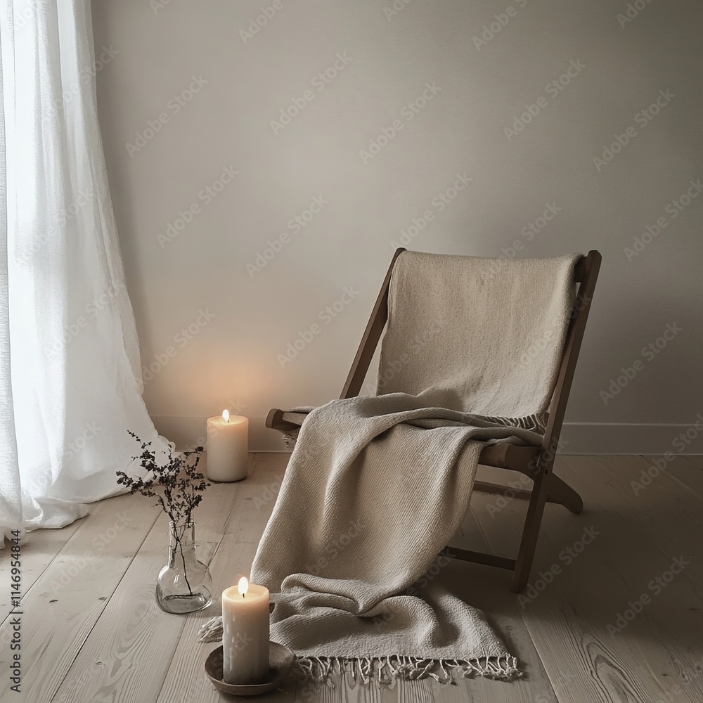 Poster a chair with a white blanket draped over it and two candles on a table in front of it