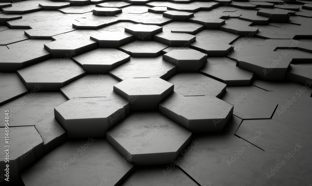 Poster futuristic, high tech, dark background, with a hexagonal cellular structure. wall texture with a 3d 