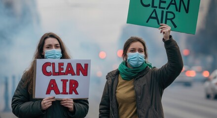 Two women holding 'Clean Air' signs, wearing masks, advocating for air quality