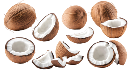 Fresh Coconuts Whole, Halved, Sliced, and Broken Pieces