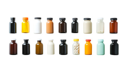 Variety of Small Medicine Bottles and Pills Display