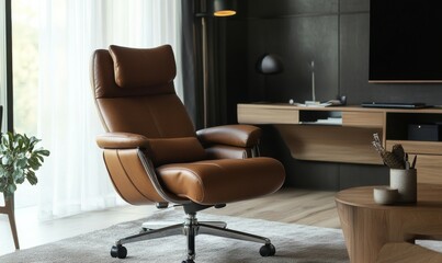 Modern home office with mocha mousse accessories and an ergonomic chair for comfort.