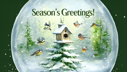 A delightful New Year greeting card showcasing a charming birdhouse on a tall, snow-laden pine tree. Colorful birds like chickadees and robins flutter around in a peaceful winter forest setting.