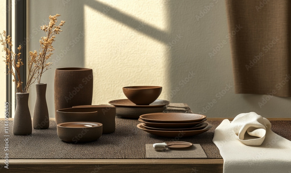Poster stylish dining table setup with mocha mousse tableware and natural linen napkins.