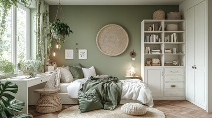 3d illustration of kids room design with desk, bookcase, bed, chest of drawers, beige light green pastel colors