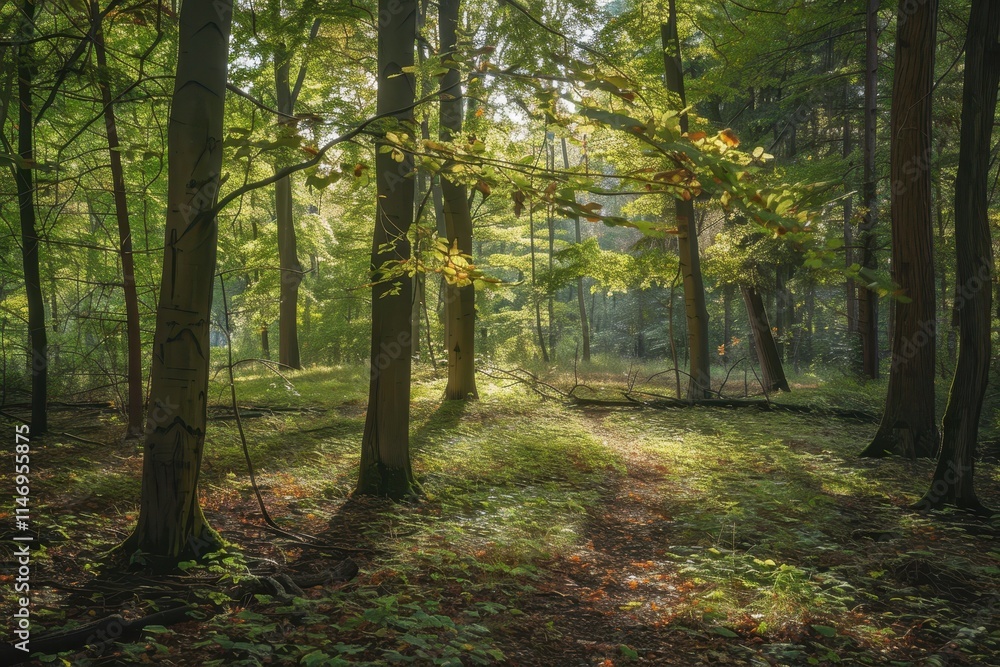 Poster sunlight filters through trees in a serene forest path surrounded by vibrant greenery during early m
