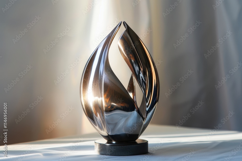 Aufkleber Unique abstract metal sculpture with elegant curves illuminated softly on a neutral background highlighting artistry and craftsmanship