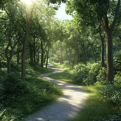Fototapeta premium A serene trail through lush green foliage in a sunlit forest.