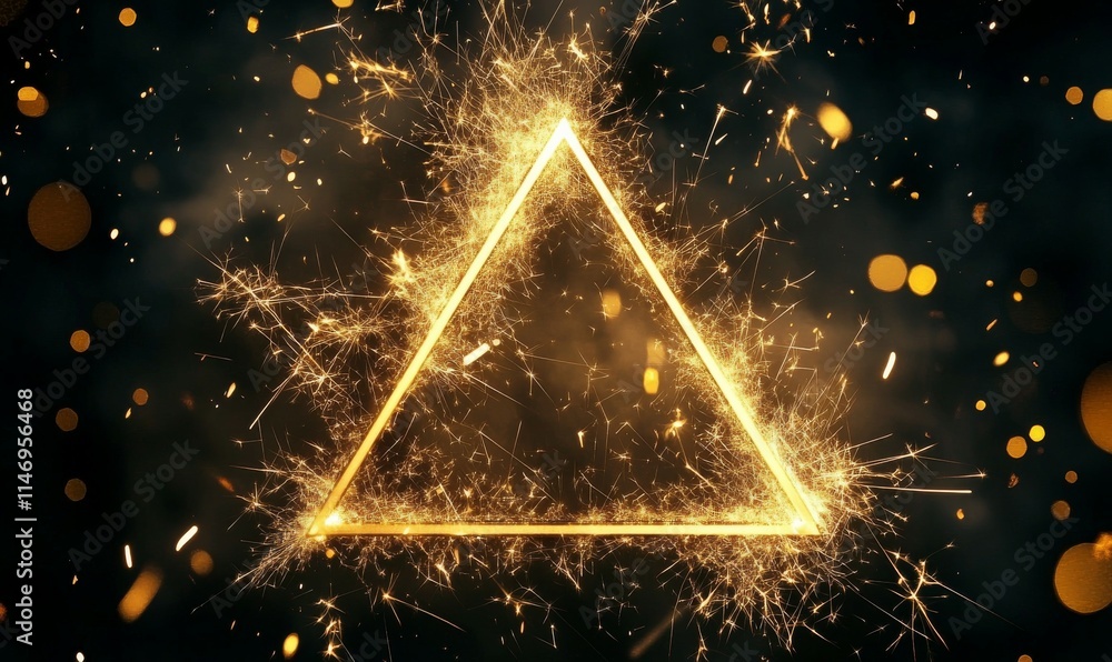 Poster Holiday Background with Triangle Frame on Black. Gold Sparkler Firework Shape with copy space.