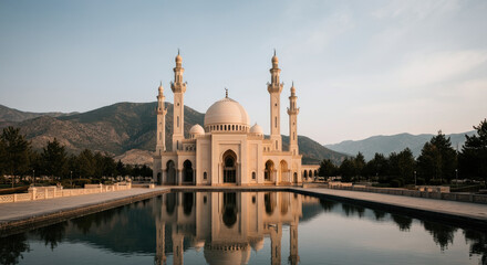 Obraz premium Majestic white mosque with minarets reflected in tranquil pool, mountains background, serene atmosphere
