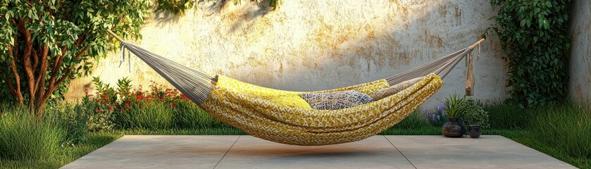 Bright hammock in a serene garden setting for relaxation.