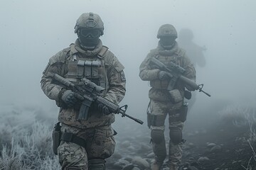 Two soldiers wearing tactical gear and helmets stand in a foggy environment holding rifles ready for action soldiers.