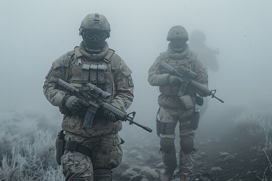 Two soldiers wearing tactical gear and helmets stand in a foggy environment holding rifles ready for action soldiers. - Powered by Adobe