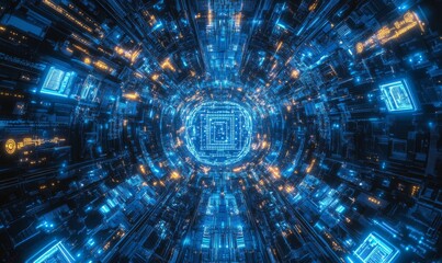 Fototapeta premium Neural Network. Intelligent Smart Grid and AI Concept. Blue Tech Background.