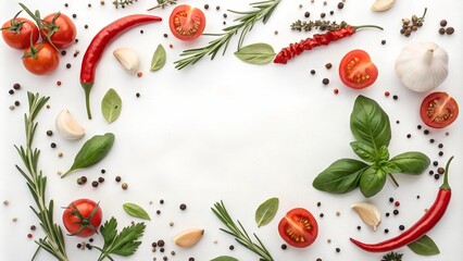 Composition of fresh vegetables, herbs and spices on white background with empty space in the center