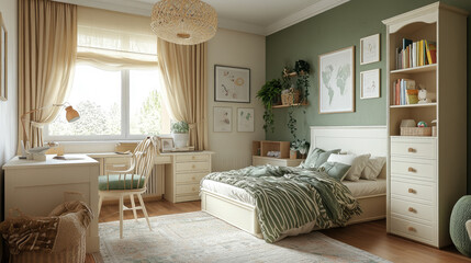 Obraz premium 3d illustration of kids room design with desk, bookcase, bed, chest of drawers, beige light green pastel colors