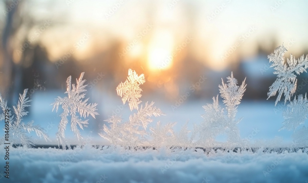 Poster intricate frost patterns on a windowpane, soft light enhancing every icy line. .